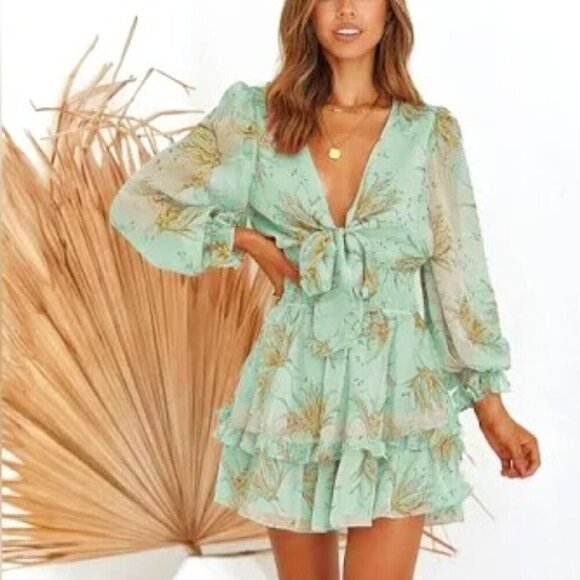 Dresses & Skirts - BOHO MINT GREEN FLORAL PLUNGE V-NECK TWIST TIE TIERED RUFFLE DRESS SIZE XL NWOT